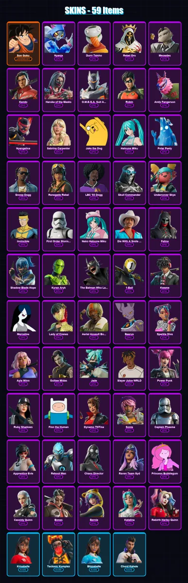 [PC/XBOX] | Son Goku | Nyanja | Durrr Taisho | Rebel Oro | Meowdas | 59 skin | 63 pickaxe | 35 emote | 34 glider | Lv304