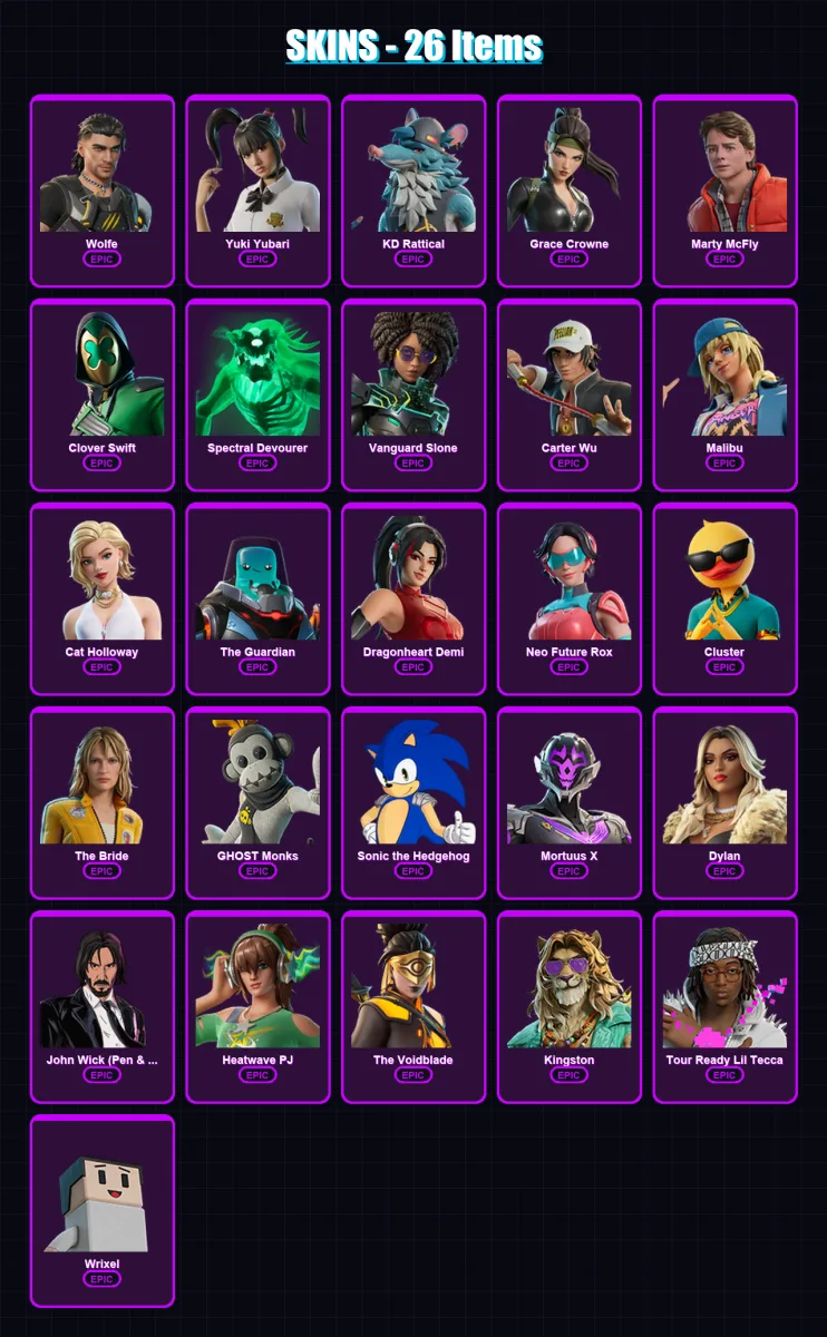 [PC/XBOX/PSN] | Wolfe | Yuki Yubari | KD Rattical | Grace Crowne | Marty McFly | 26 skin | 37 pickaxe | 23 emote | 28 glider | Lv206