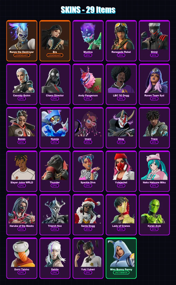 [PC/XBOX/PSN] | Renzo the Destroyer | Era | Mystica | Renegade Rebel | Shinji | 29 skin | 40 pickaxe | 21 emote | 20 glider | Lv200