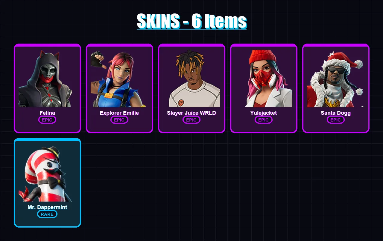 [PC/PSN] | Felina | Explorer Emilie | Slayer Juice WRLD | Yulejacket | Santa Dogg | 6 skin | 29 pickaxe | 13 emote | 18 glider | Lv281