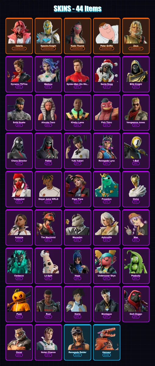 [PS4/PS5/XBOX/PC] | Valeria | Spectra Knight | Kado Thorne | Peter Griffin | Zeus | 44 skin | 72 pickaxe | 46 emote | 53 glider | Lv607