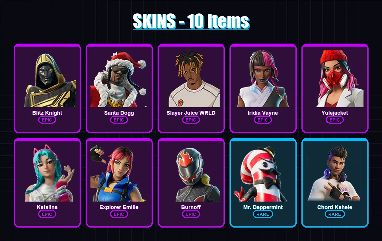 [PC/XBOX/PSN] | Blitz Knight | Santa Dogg | Slayer Juice WRLD | Iridia Vayne | Yulejacket | 10 skin | 25 pickaxe | 8 emote | 14 glider | Lv142