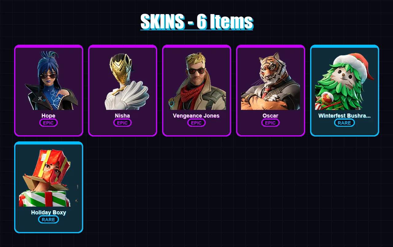 [PS4/PS5/XBOX/PC] | Hope | Nisha | Vengeance Jones | Oscar | Winterfest Bushranger | 6 skin | 13 pickaxe | 11 emote | 16 glider | Lv327