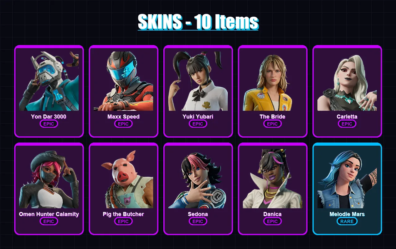 [PC/PSN] | Yon Dar 3000 | Maxx Speed | Yuki Yubari | The Bride | Carletta | 10 skin | 11 pickaxe | 6 emote | 4 glider | Lv35