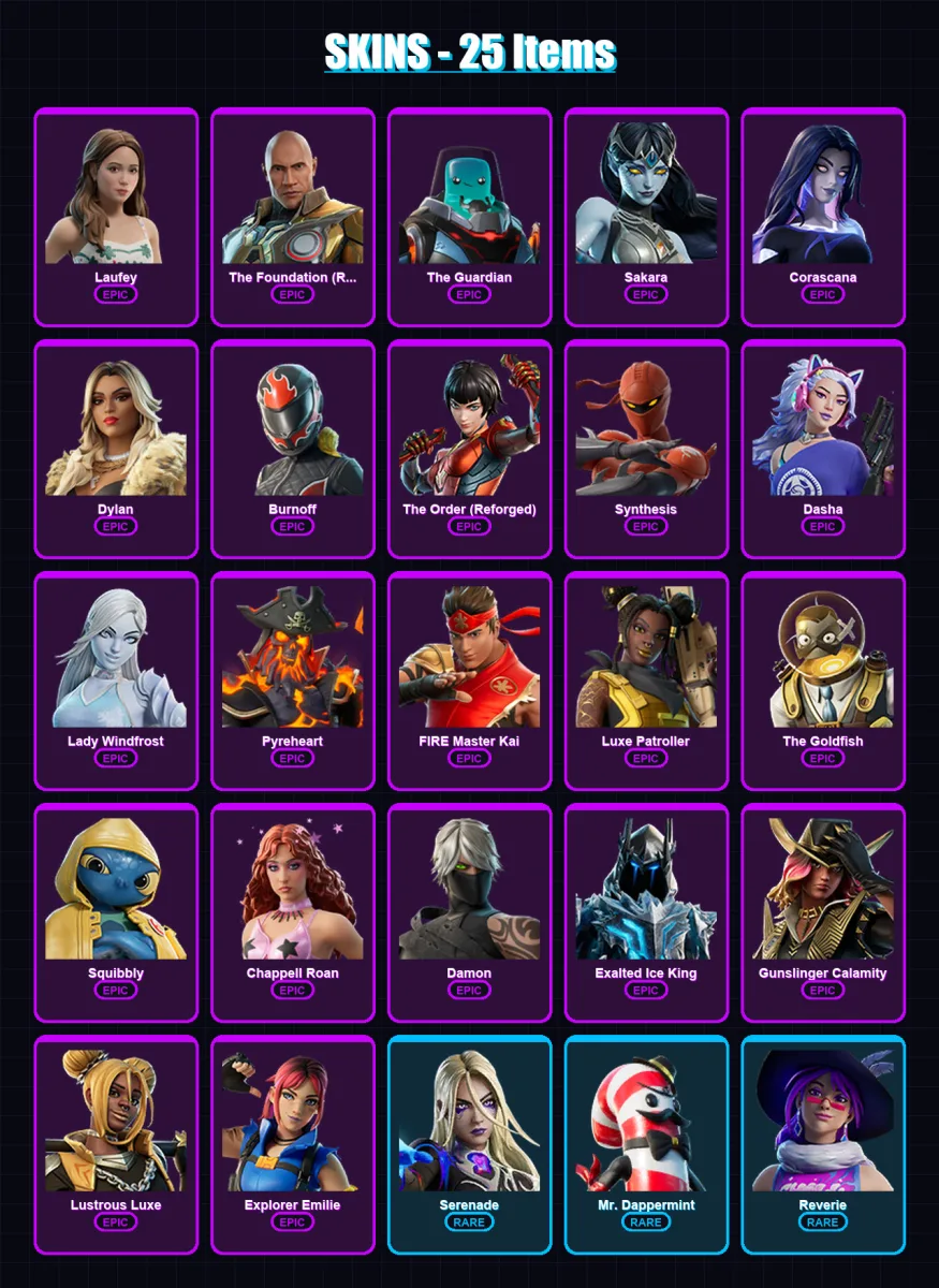 [PC/PSN] | Laufey | The Foundation (Reforged) | The Guardian | Sakara | Corascana | 25 skin | 32 pickaxe | 13 emote | 16 glider | Lv91