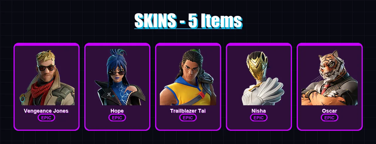 [PC/PSN] | Vengeance Jones | Hope | Trailblazer Tai | Nisha | Oscar | 5 skin | 6 pickaxe | 3 emote | 5 glider | Lv80