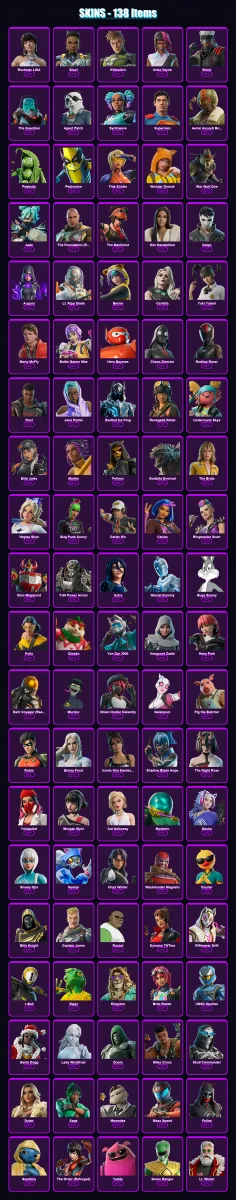 [PS4/PS5/XBOX/PC] | Rockstar LISA | Shuri | Killswitch | Iridia Vayne | Shinji | 138 skin | 210 pickaxe | 112 emote | 120 glider | Lv3174