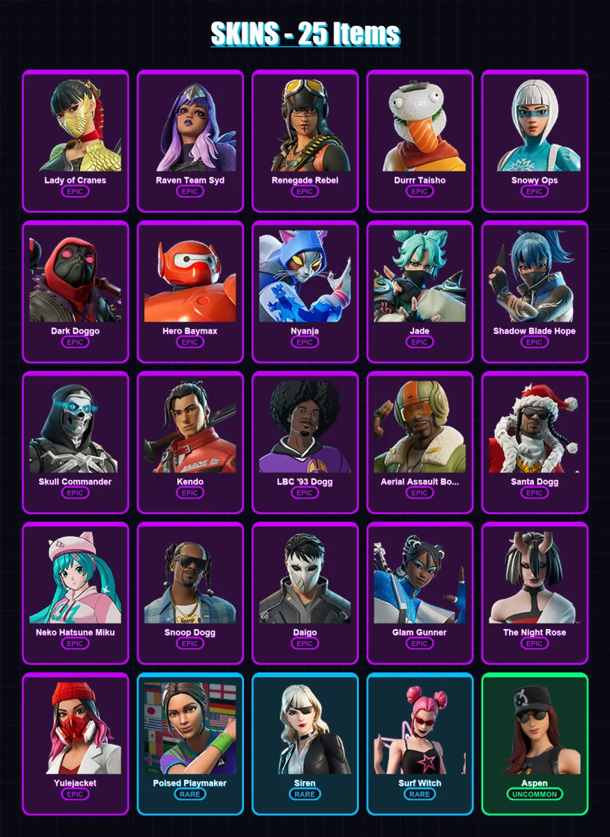 [PC/PSN] | Lady of Cranes | Raven Team Syd | Renegade Rebel | Durrr Taisho | Snowy Ops | 25 skin | 31 pickaxe | 21 emote | 16 glider | Lv217