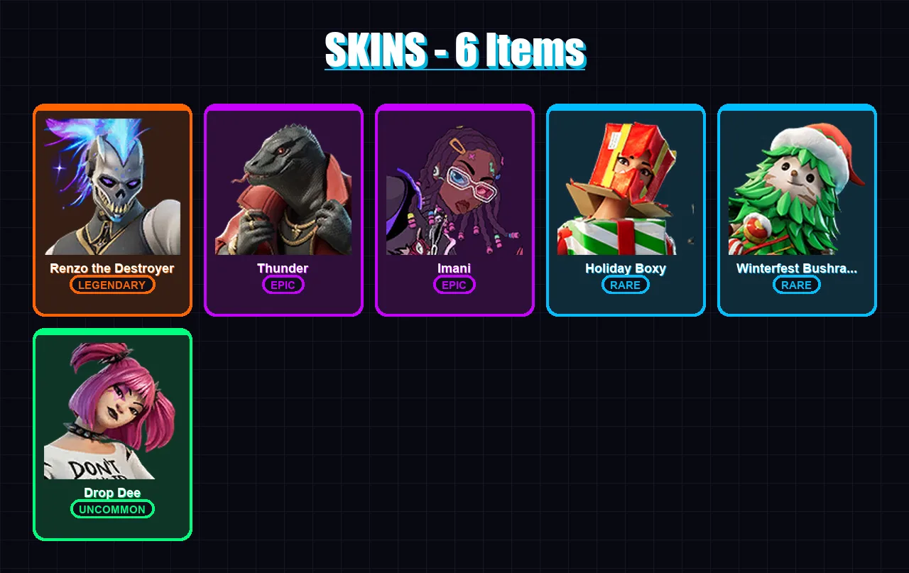 [PS4/PS5/XBOX/PC] | Renzo the Destroyer | Thunder | Imani | Holiday Boxy | Winterfest Bushranger | 6 skin | 14 pickaxe | 7 emote | 16 glider | Lv181