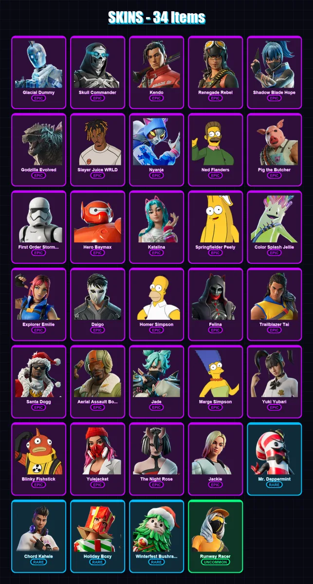 [PC/XBOX] | Glacial Dummy | Skull Commander | Kendo | Renegade Rebel | Shadow Blade Hope | 34 skin | 58 pickaxe | 39 emote | 45 glider | Lv744 — Fortnite account