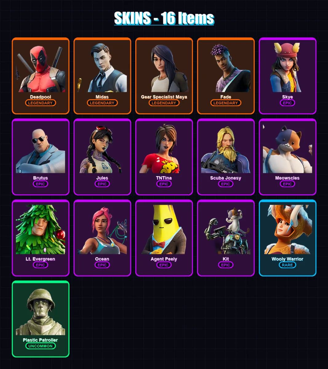 [PC/PSN] | Deadpool | Midas | Gear Specialist Maya | Fade | Skye | 16 skin | 23 pickaxe | 20 emote | 30 glider | Lv421