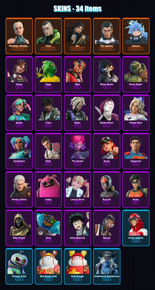[PC/XBOX/PSN] | Paradigm (Reality-659) | Twyn | Era | The Ageless | Nezumi | 34 skin | 51 pickaxe | 39 emote | 51 glider | Lv680