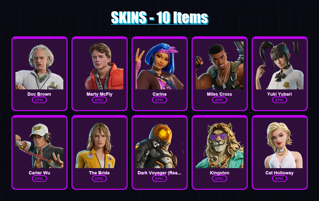 [PS4/PS5/XBOX/PC] | Doc Brown | Marty McFly | Carina | Miles Cross | Yuki Yubari | 10 skin | 27 pickaxe | 18 emote | 17 glider | Lv201
