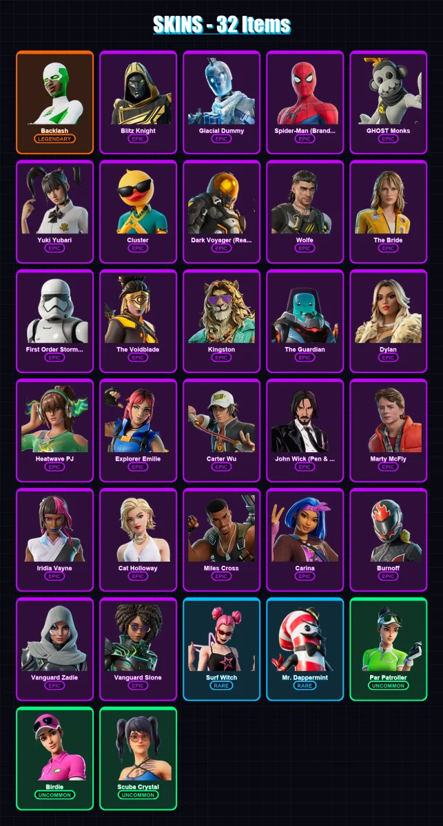 [PC/PSN] | Backlash | Blitz Knight | Glacial Dummy | Spider-Man (Brand New Day) | GHOST Monks | 32 skin | 63 pickaxe | 38 emote | 45 glider | Lv693