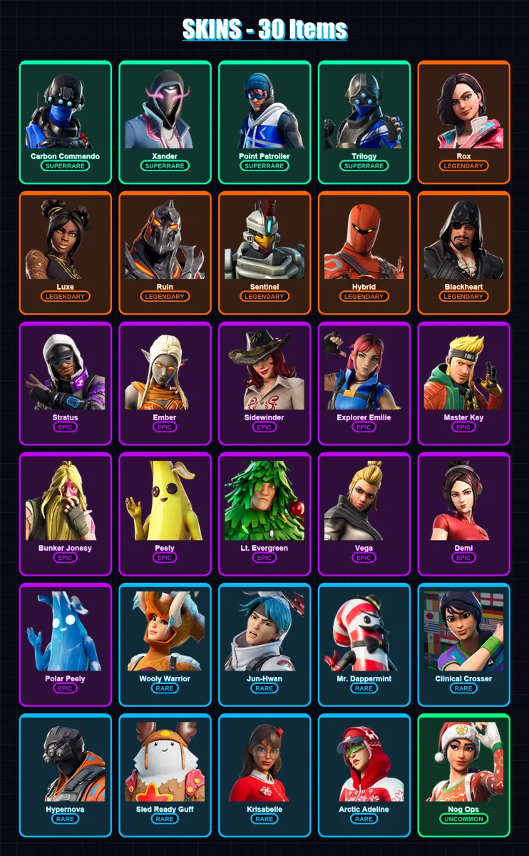 [PC] | Carbon Commando | Xander | Point Patroller | Trilogy | Rox | 30 skin | 62 pickaxe | 70 emote | 68 glider | Lv1171