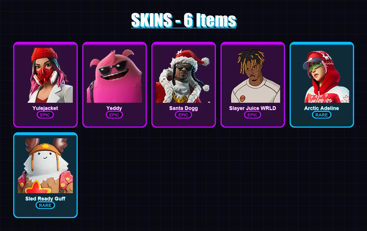 [PC/XBOX] | Yulejacket | Yeddy | Santa Dogg | Slayer Juice WRLD | Arctic Adeline | 6 skin | 24 pickaxe | 5 emote | 18 glider | Lv219