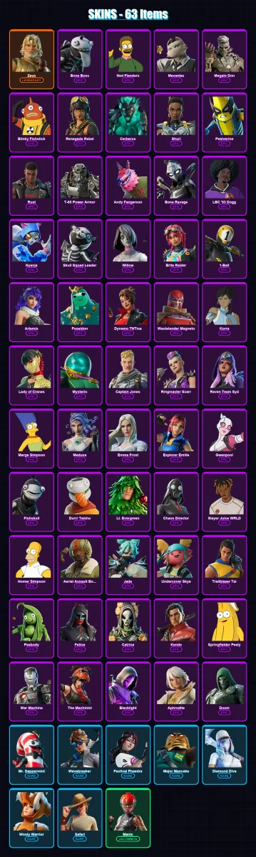 [PC/XBOX/PSN] | Zeus | Bone Boss | Ned Flanders | Meowdas | Megalo Don | 63 skin | 90 pickaxe | 65 emote | 69 glider | Lv998