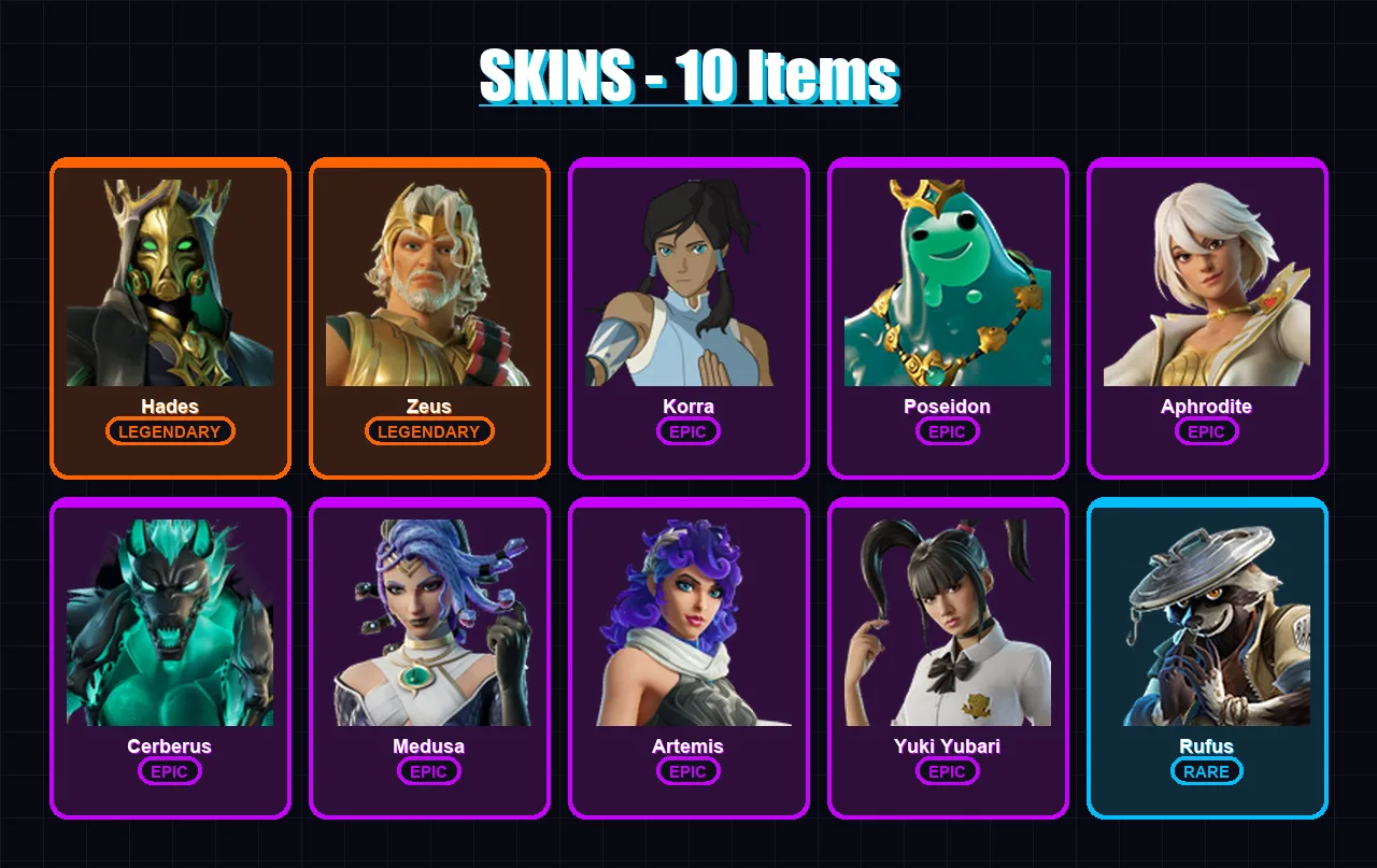 [PS4/PS5/XBOX/PC] | Hades | Zeus | Korra | Poseidon | Aphrodite | 10 skin | 39 pickaxe | 26 emote | 29 glider | Lv420