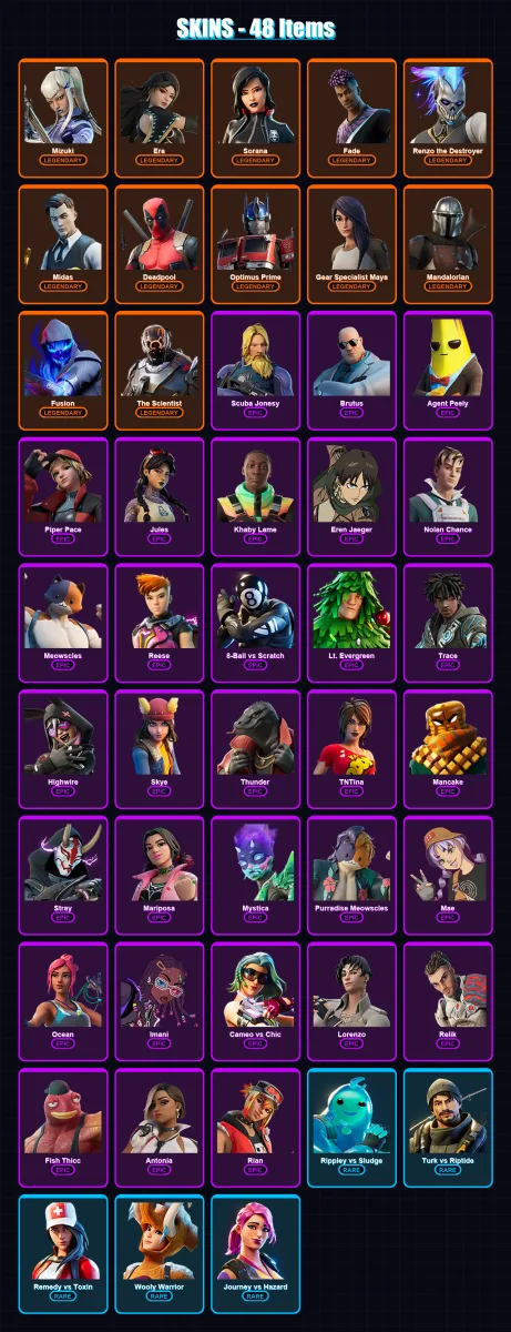 [PC/XBOX] | Mizuki | Era | Sorana | Fade | Renzo the Destroyer | 48 skin | 54 pickaxe | 64 emote | 63 glider | Lv1085