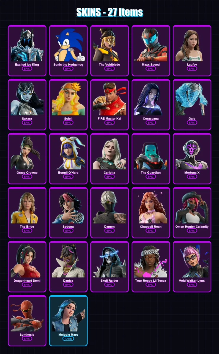 [PC/PSN] | Exalted Ice King | Sonic the Hedgehog | The Voidblade | Maxx Speed | Laufey | 27 skin | 13 pickaxe | 1 emote | 4 glider | Lv9