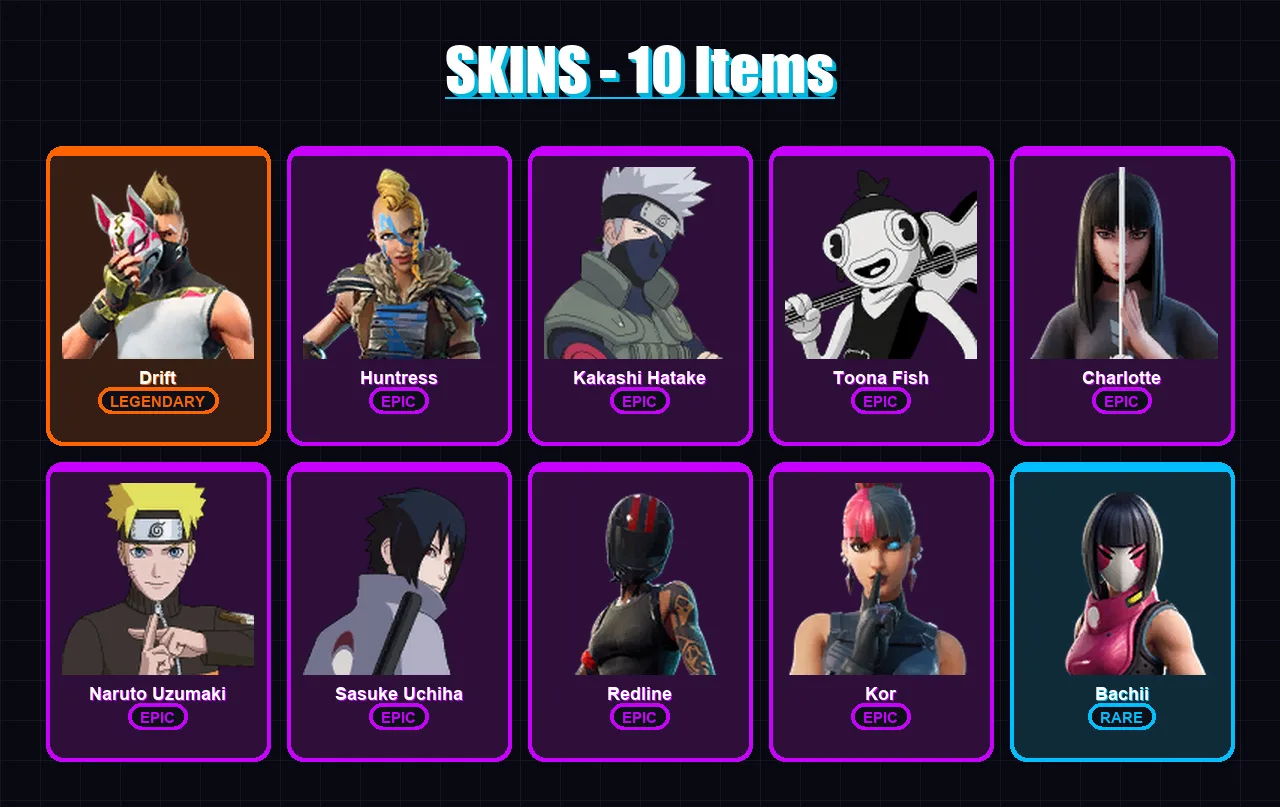 [SWITCH/XBOX/PC] | Drift | Huntress | Kakashi Hatake | Toona Fish | Charlotte | 10 skin | 21 pickaxe | 17 emote | 19 glider | Lv203