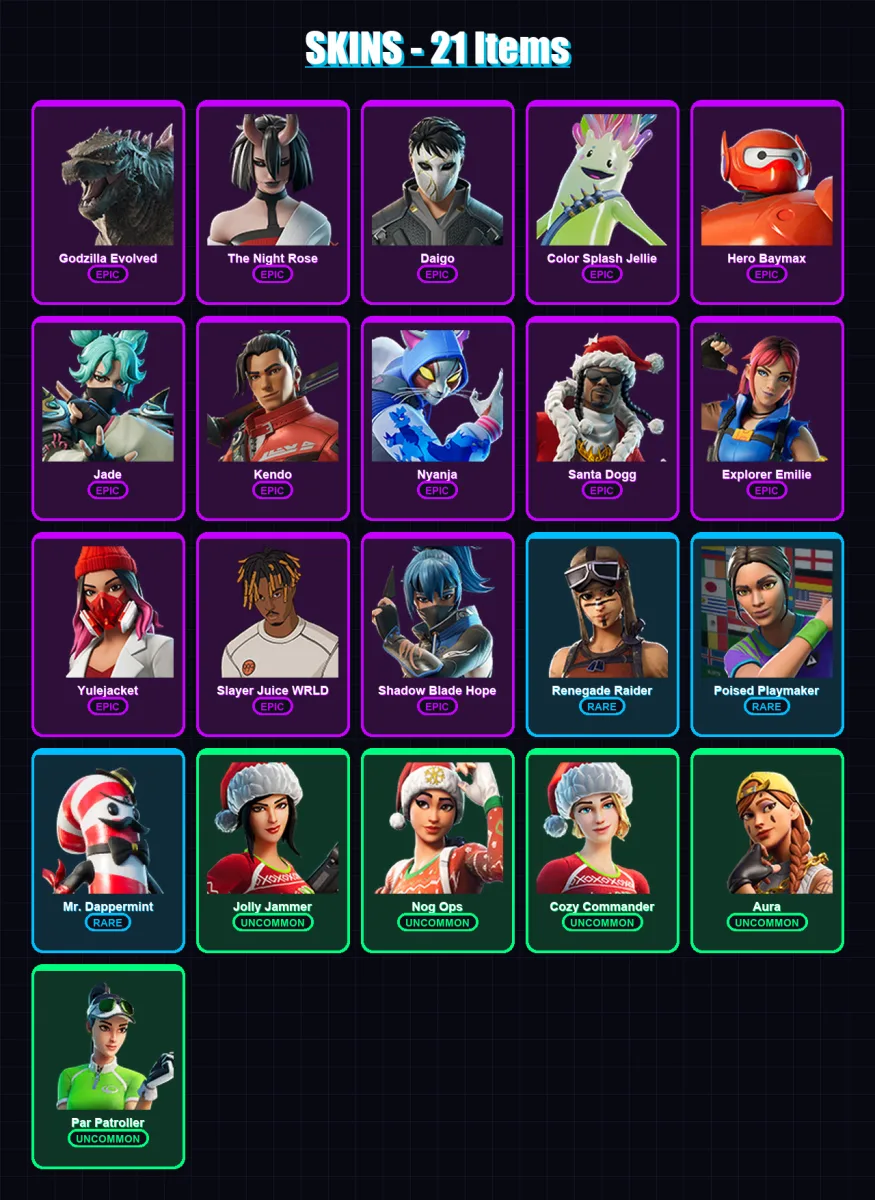 [PC/XBOX/PSN] | Godzilla Evolved | The Night Rose | Daigo | Color Splash Jellie | Hero Baymax | 21 skin | 32 pickaxe | 20 emote | 20 glider | Lv285 — Fortnite account