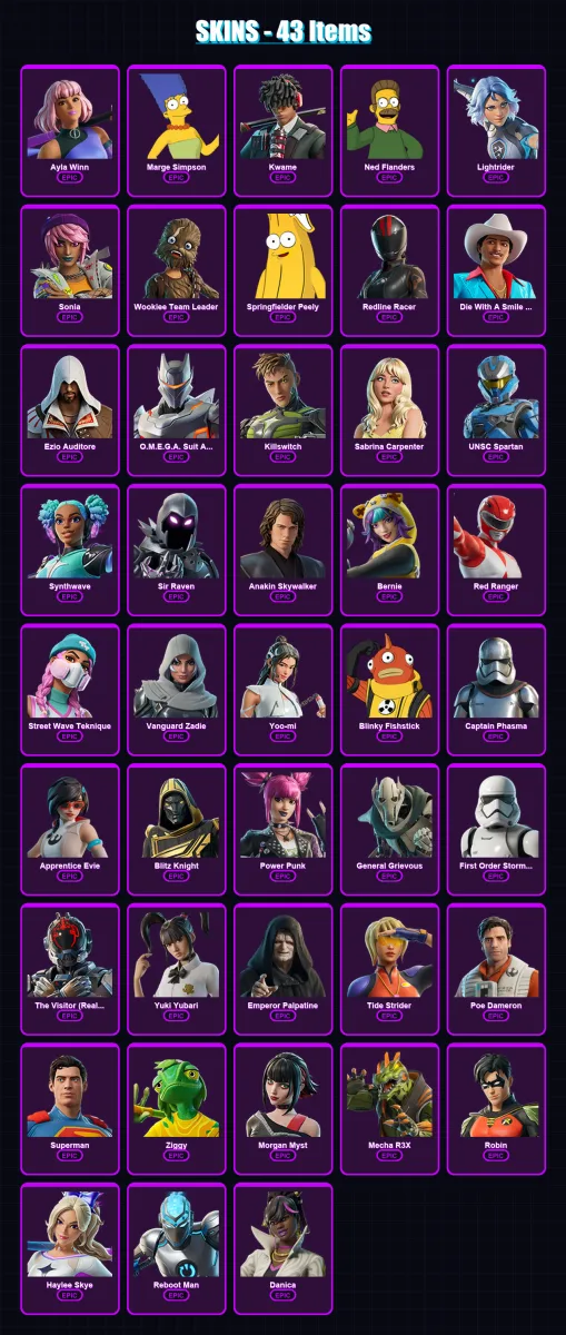 [PS4/PS5/XBOX/PC] | Ayla Winn | Marge Simpson | Kwame | Ned Flanders | Lightrider | 43 skin | 62 pickaxe | 36 emote | 40 glider | Lv419