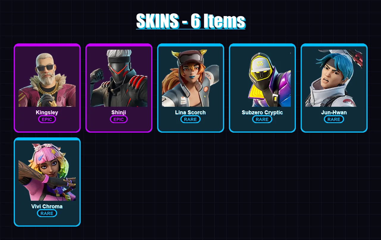 [PS4/PS5/XBOX/PC] | Kingsley | Shinji | Lina Scorch | Subzero Cryptic | Jun-Hwan | 6 skin | 24 pickaxe | 10 emote | 13 glider | Lv115