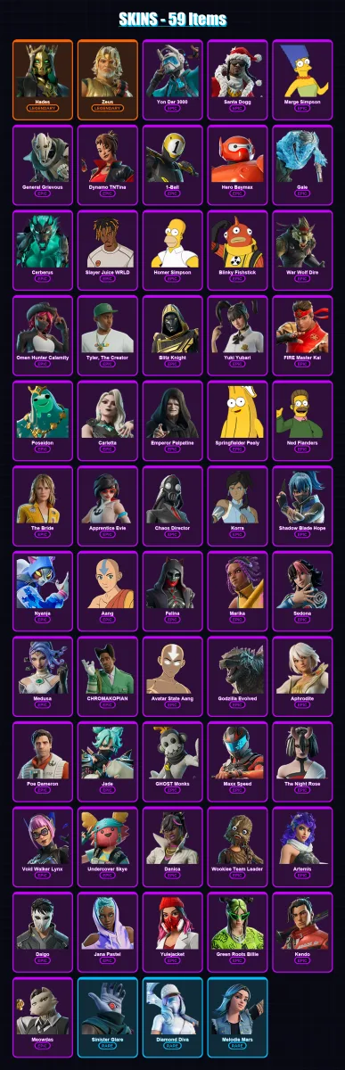 [PC/XBOX/PSN] | Hades | Zeus | Yon Dar 3000 | Santa Dogg | Marge Simpson | 59 skin | 92 pickaxe | 59 emote | 53 glider | Lv602 — Fortnite account