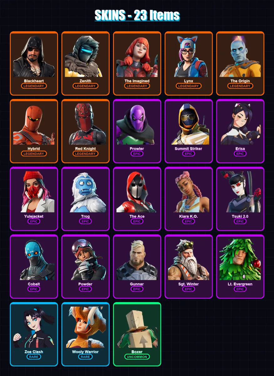 [PC] | Blackheart | Zenith | The Imagined | Lynx | The Origin | 23 skin | 31 pickaxe | 28 emote | 31 glider | Lv486