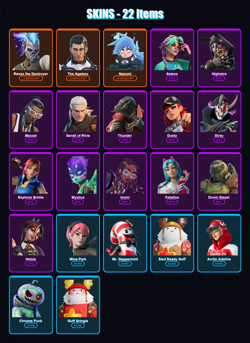 [PC/XBOX/PSN] | Renzo the Destroyer | The Ageless | Nezumi | Selene | Highwire | 22 skin | 41 pickaxe | 40 emote | 40 glider | Lv736