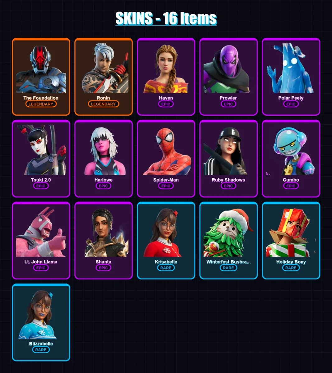 [PC/XBOX/PSN] | The Foundation | Ronin | Haven | Prowler | Polar Peely | 16 skin | 29 pickaxe | 19 emote | 35 glider | Lv422
