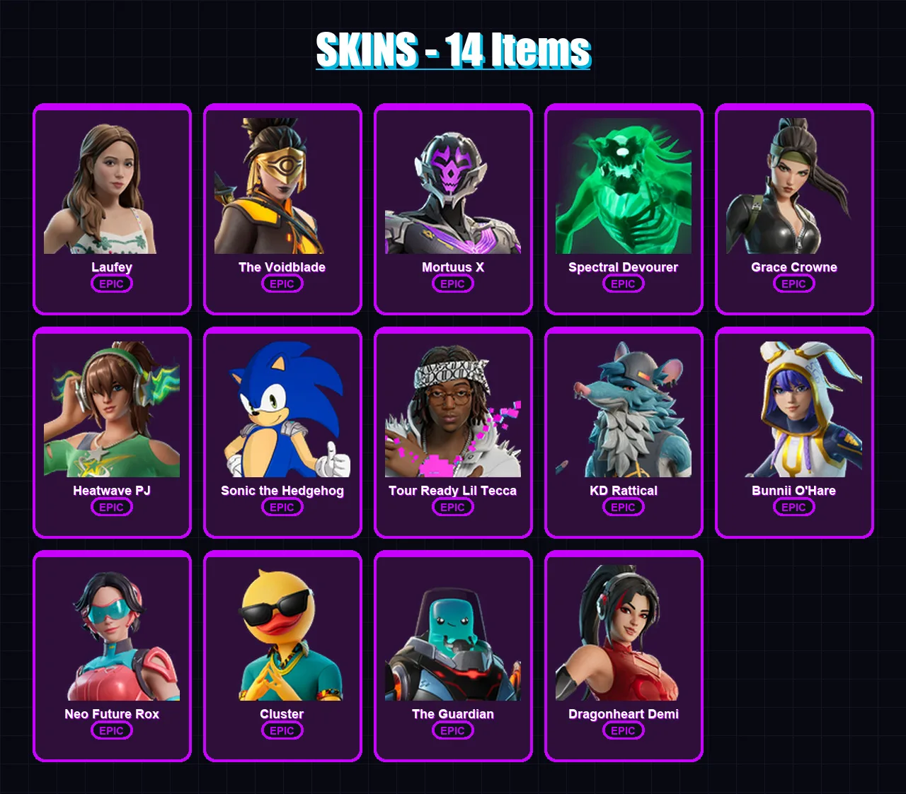[PC/PSN] | Laufey | The Voidblade | Mortuus X | Spectral Devourer | Grace Crowne | 14 skin | 23 pickaxe | 14 emote | 20 glider | Lv119