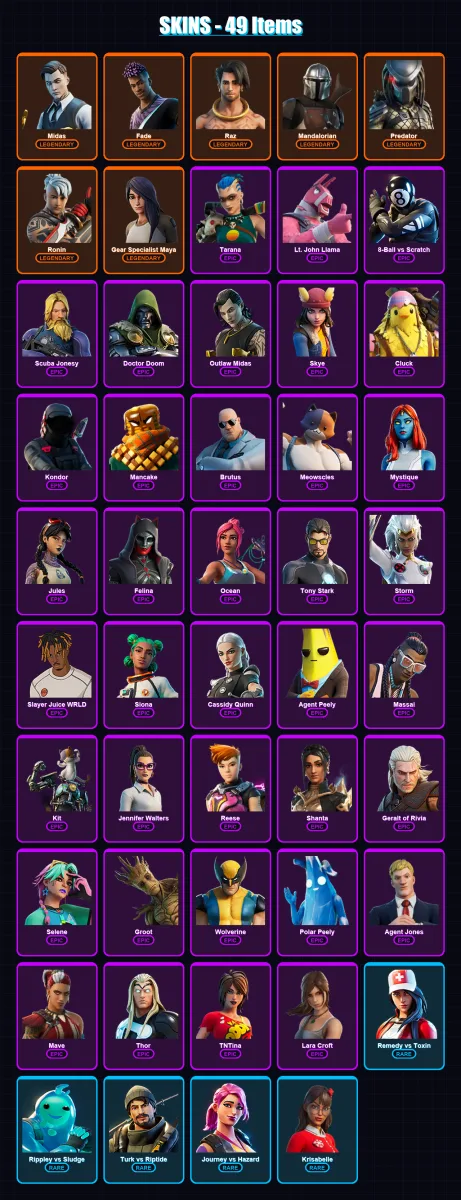 [PS4/PS5/XBOX/PC] | Midas | Fade | Raz | Mandalorian | Predator | 49 skin | 88 pickaxe | 56 emote | 81 glider | Lv1007