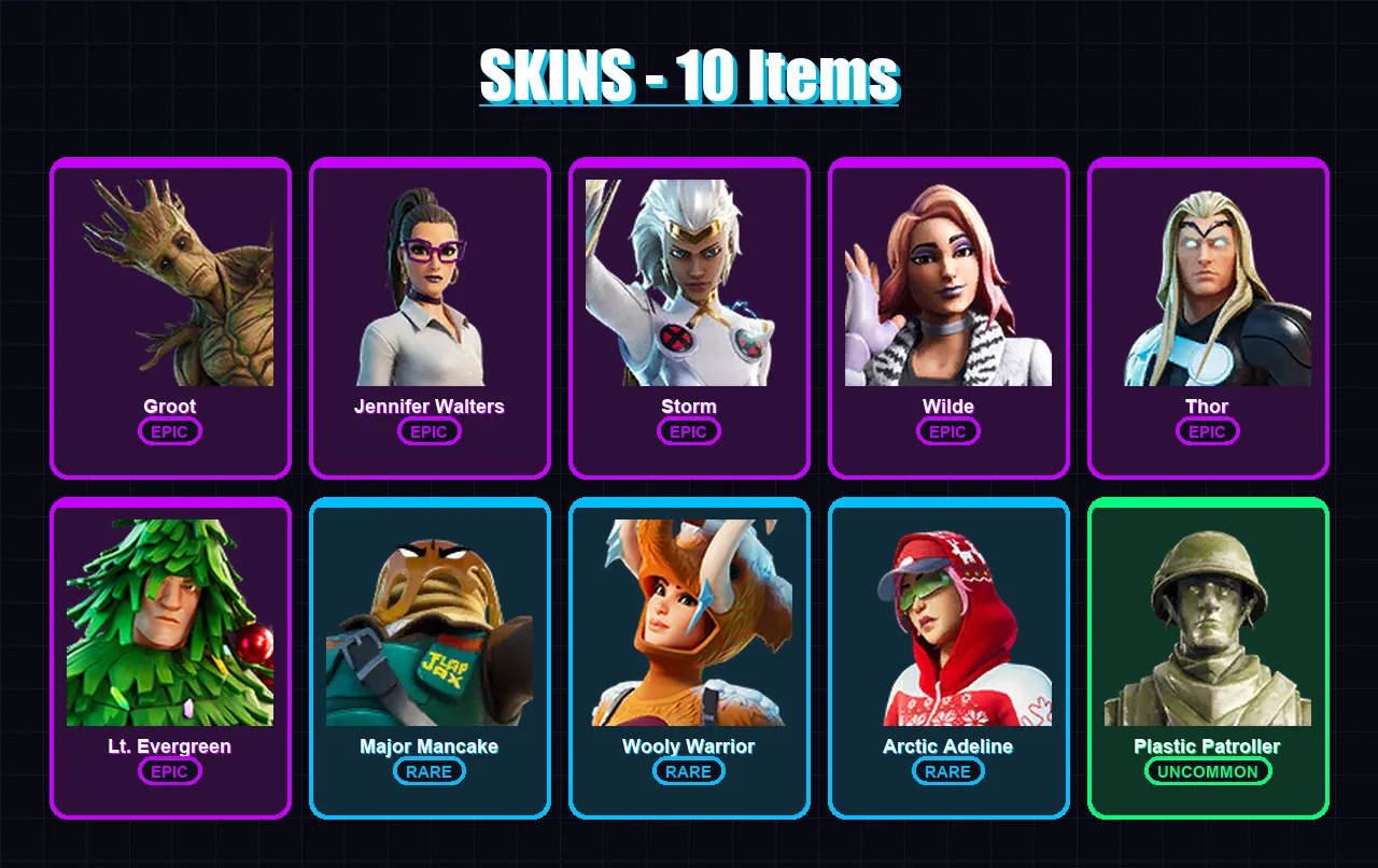 [PC/XBOX/PSN] | Groot | Jennifer Walters | Storm | Wilde | Thor | 10 skin | 22 pickaxe | 32 emote | 29 glider | Lv505