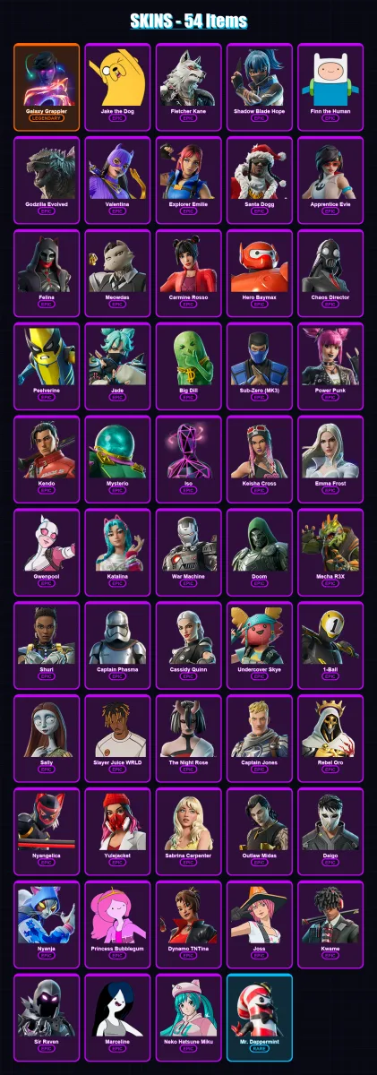[PC/PSN] | Galaxy Grappler | Jake the Dog | Fletcher Kane | Shadow Blade Hope | Finn the Human | 54 skin | 77 pickaxe | 61 emote | 44 glider | Lv654
