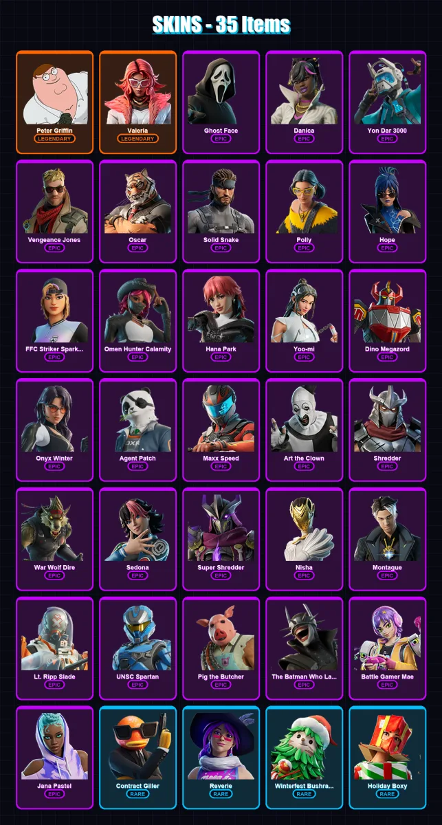 [PC/XBOX/PSN] | Peter Griffin | Valeria | Ghost Face | Danica | Yon Dar 3000 | 35 skin | 45 pickaxe | 27 emote | 26 glider | Lv228
