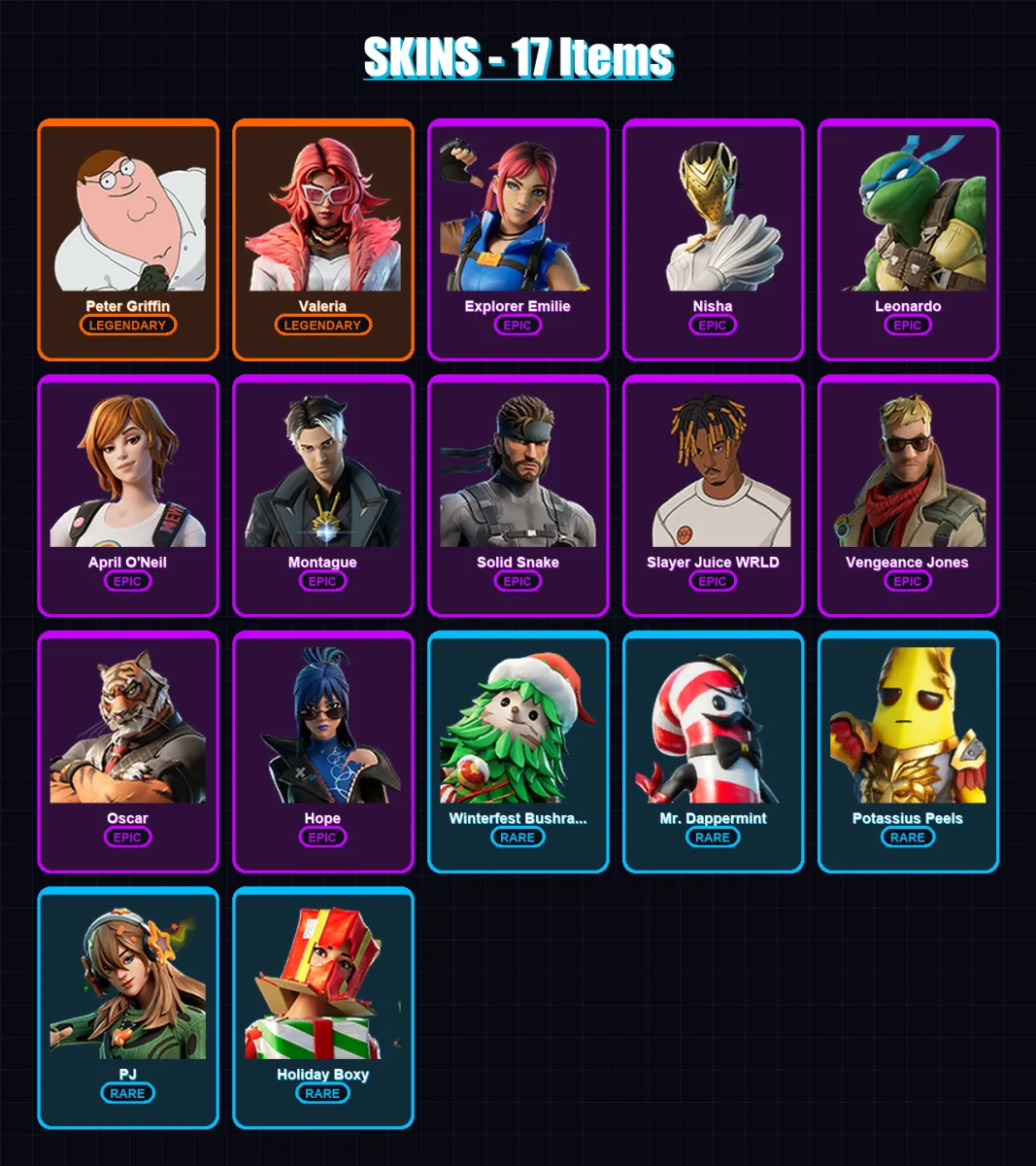 [PS4/PS5/XBOX/PC] | Peter Griffin | Valeria | Explorer Emilie | Nisha | Leonardo | 17 skin | 16 pickaxe | 25 emote | 14 glider | Lv278 — Fortnite account
