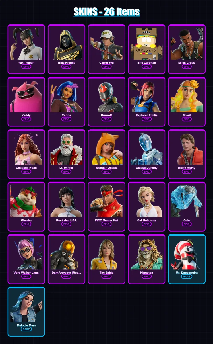 [PC] | Yuki Yubari | Blitz Knight | Carter Wu | Eric Cartman | Miles Cross | 26 skin | 53 pickaxe | 30 emote | 29 glider | Lv252