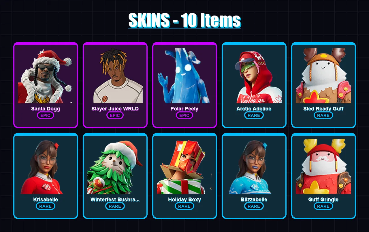 [PC/XBOX/PSN] | Santa Dogg | Slayer Juice WRLD | Polar Peely | Arctic Adeline | Sled Ready Guff | 10 skin | 20 pickaxe | 9 emote | 14 glider | Lv158