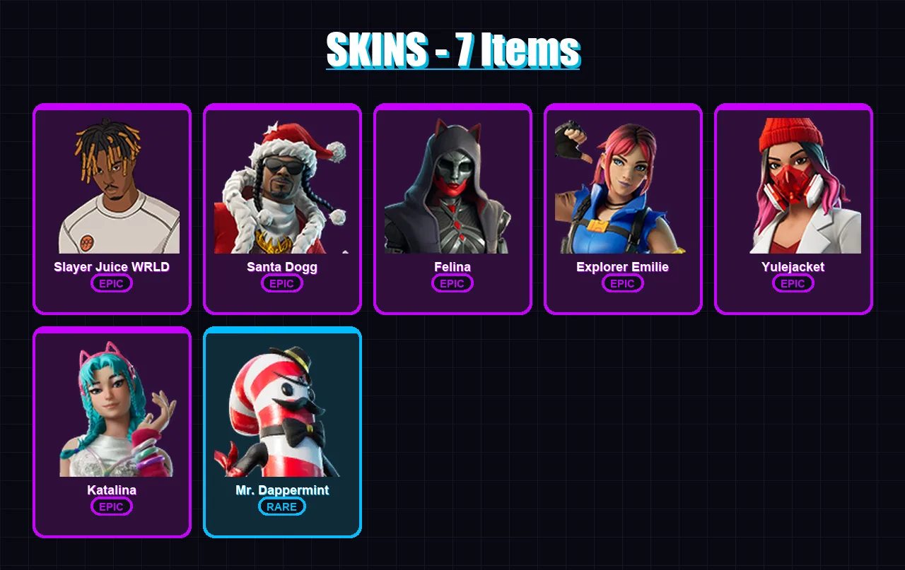 [PC/XBOX/PSN] | Slayer Juice WRLD | Santa Dogg | Felina | Explorer Emilie | Yulejacket | 7 skin | 31 pickaxe | 10 emote | 18 glider | Lv412