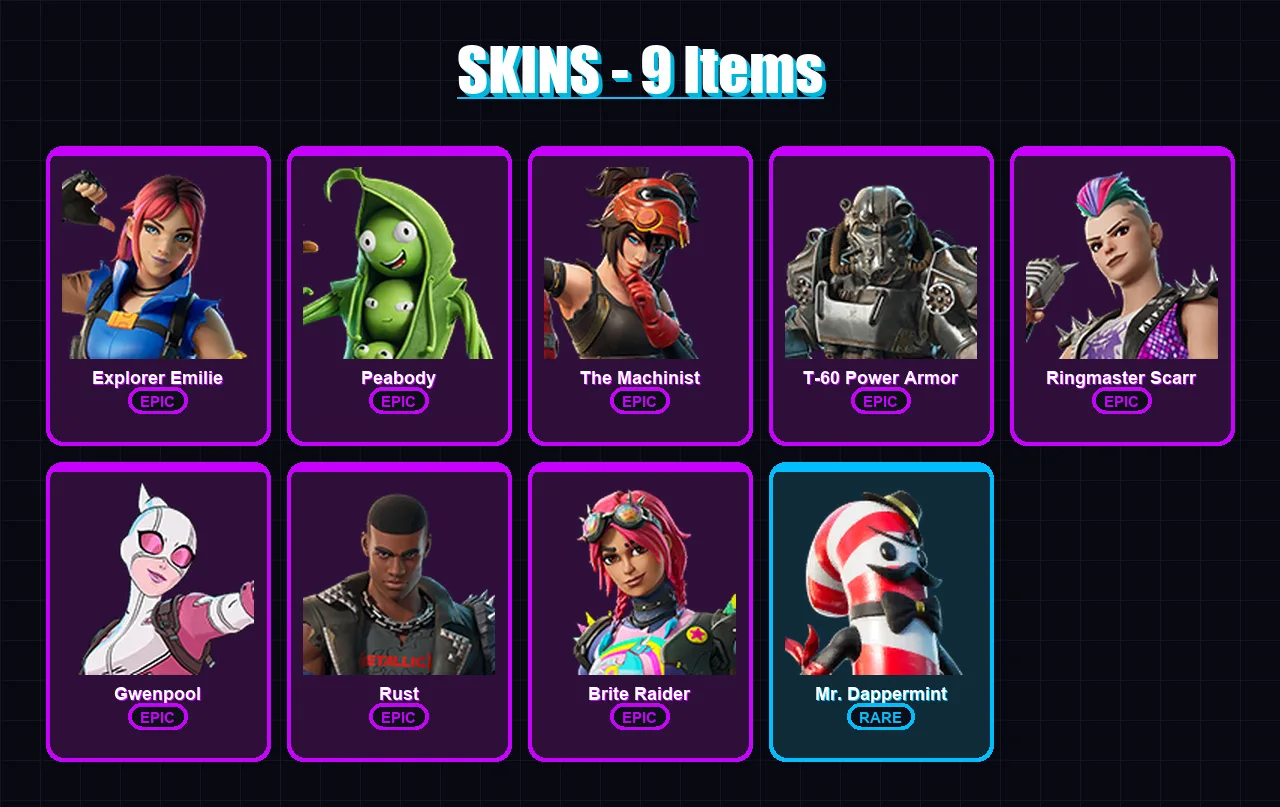 [PC/XBOX/PSN] | Explorer Emilie | Peabody | The Machinist | T-60 Power Armor | Ringmaster Scarr | 9 skin | 21 pickaxe | 21 emote | 18 glider | Lv245