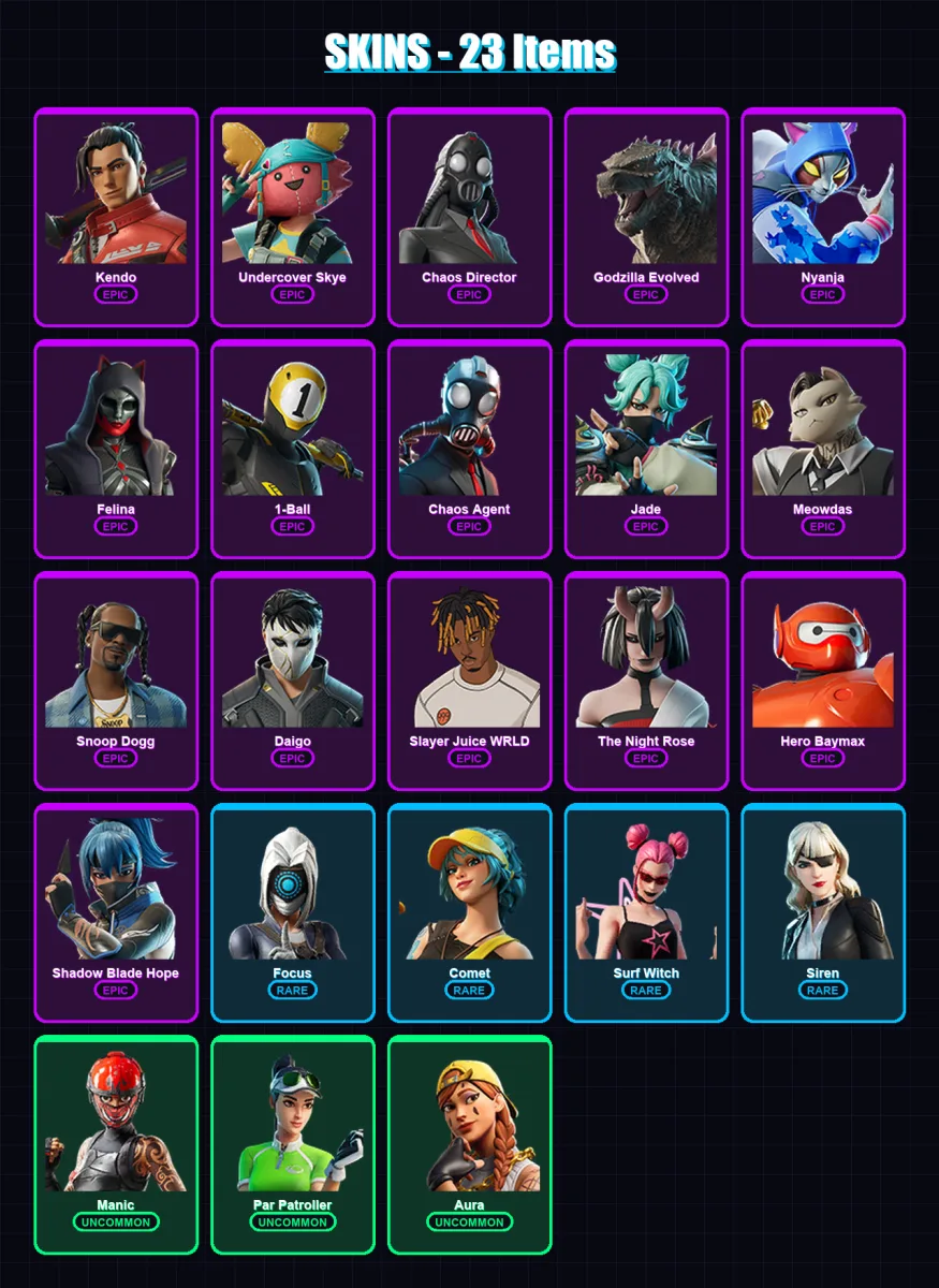 [PS4/PS5/XBOX/PC] | Kendo | Undercover Skye | Chaos Director | Godzilla Evolved | Nyanja | 23 skin | 41 pickaxe | 21 emote | 26 glider | Lv403