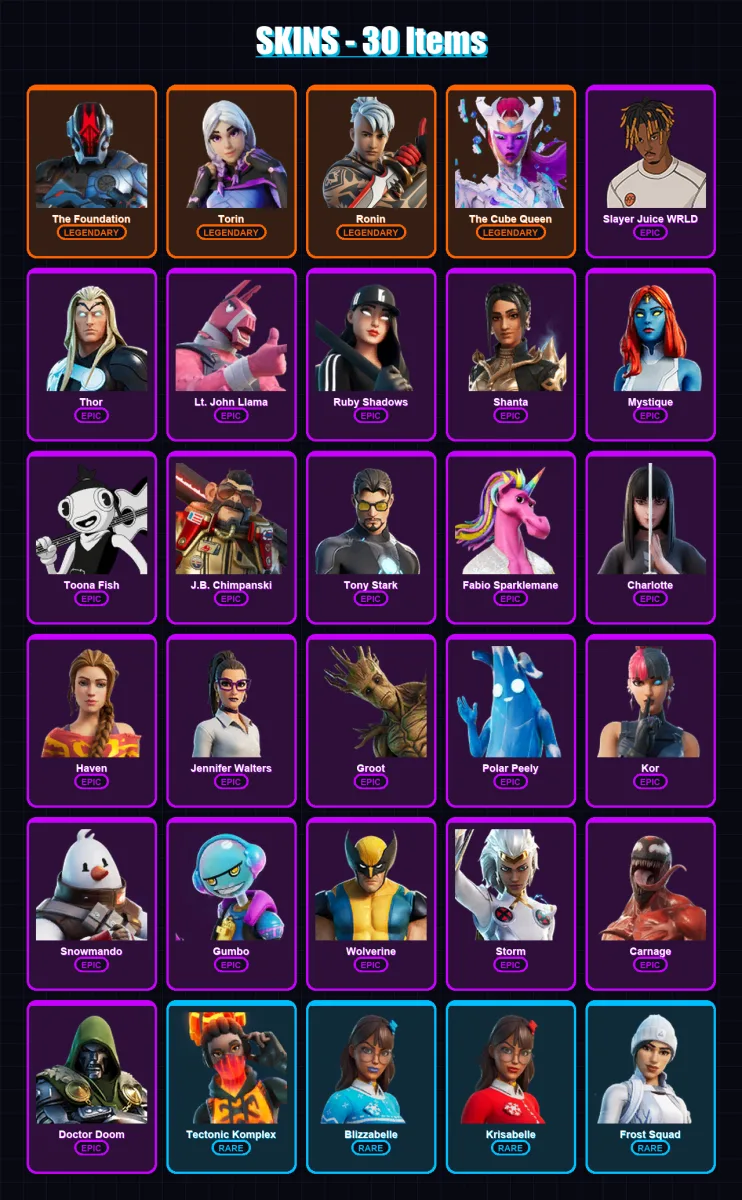 [PC/XBOX] | The Foundation | Torin | Ronin | The Cube Queen | Slayer Juice WRLD | 30 skin | 63 pickaxe | 38 emote | 55 glider | Lv810