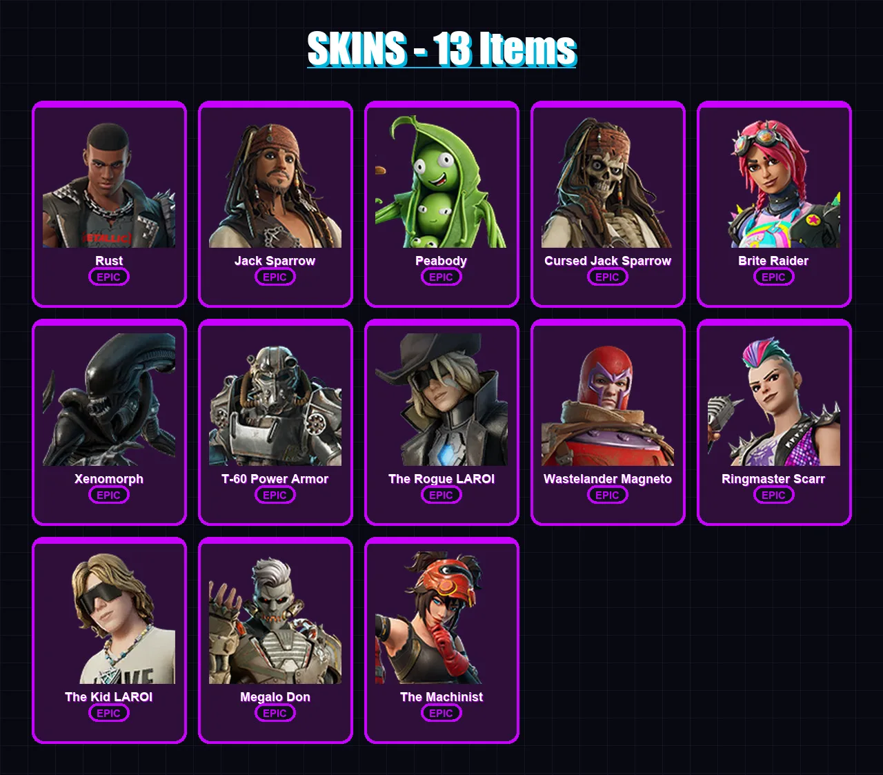 [PC/XBOX/PSN] | Rust | Jack Sparrow | Peabody | Cursed Jack Sparrow | Brite Raider | 13 skin | 21 pickaxe | 15 emote | 20 glider | Lv258