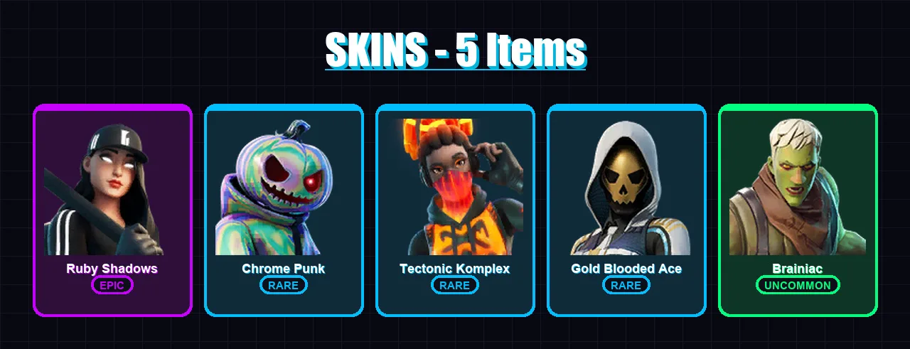 [PC/XBOX/PSN] | Ruby Shadows | Chrome Punk | Tectonic Komplex | Gold Blooded Ace | Brainiac | 5 skin | 34 pickaxe | 40 emote | 36 glider | Lv1388