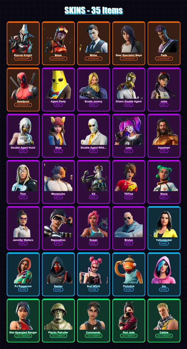 [PC/PSN] | Eternal Knight | Blaze | Midas | Gear Specialist Maya | Fade | 35 skin | 29 pickaxe | 20 emote | 26 glider | Lv380