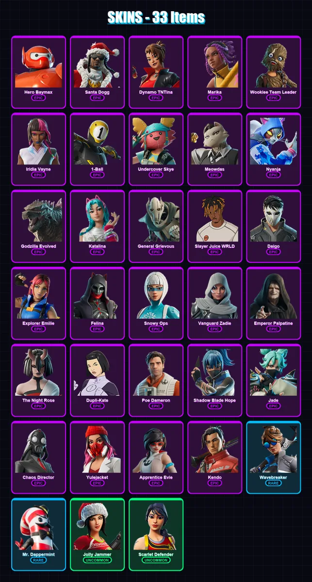 [PC] | Hero Baymax | Santa Dogg | Dynamo TNTina | Marika | Wookiee Team Leader | 33 skin | 76 pickaxe | 36 emote | 44 glider | Lv1014 — Fortnite account