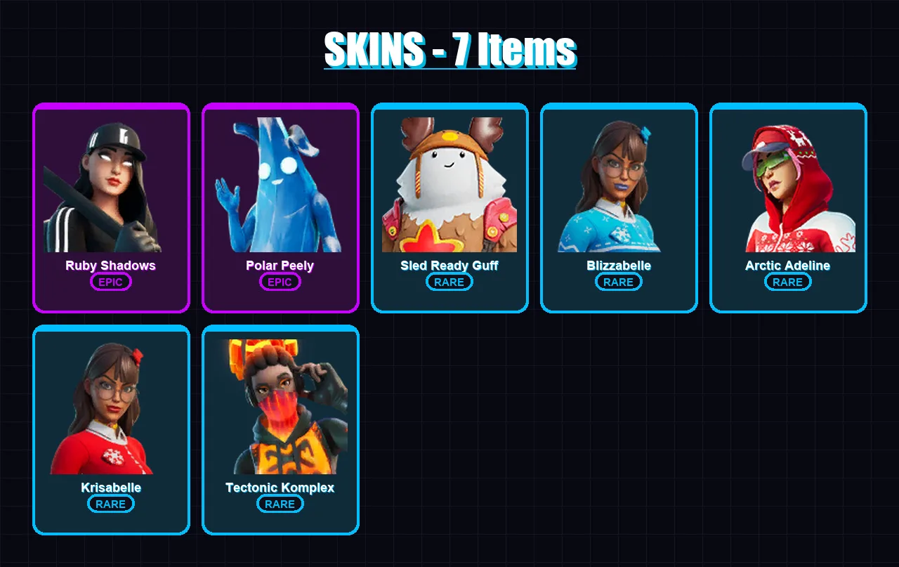 [PC/XBOX/PSN] | Ruby Shadows | Polar Peely | Sled Ready Guff | Blizzabelle | Arctic Adeline | 7 skin | 21 pickaxe | 23 emote | 22 glider | Lv343