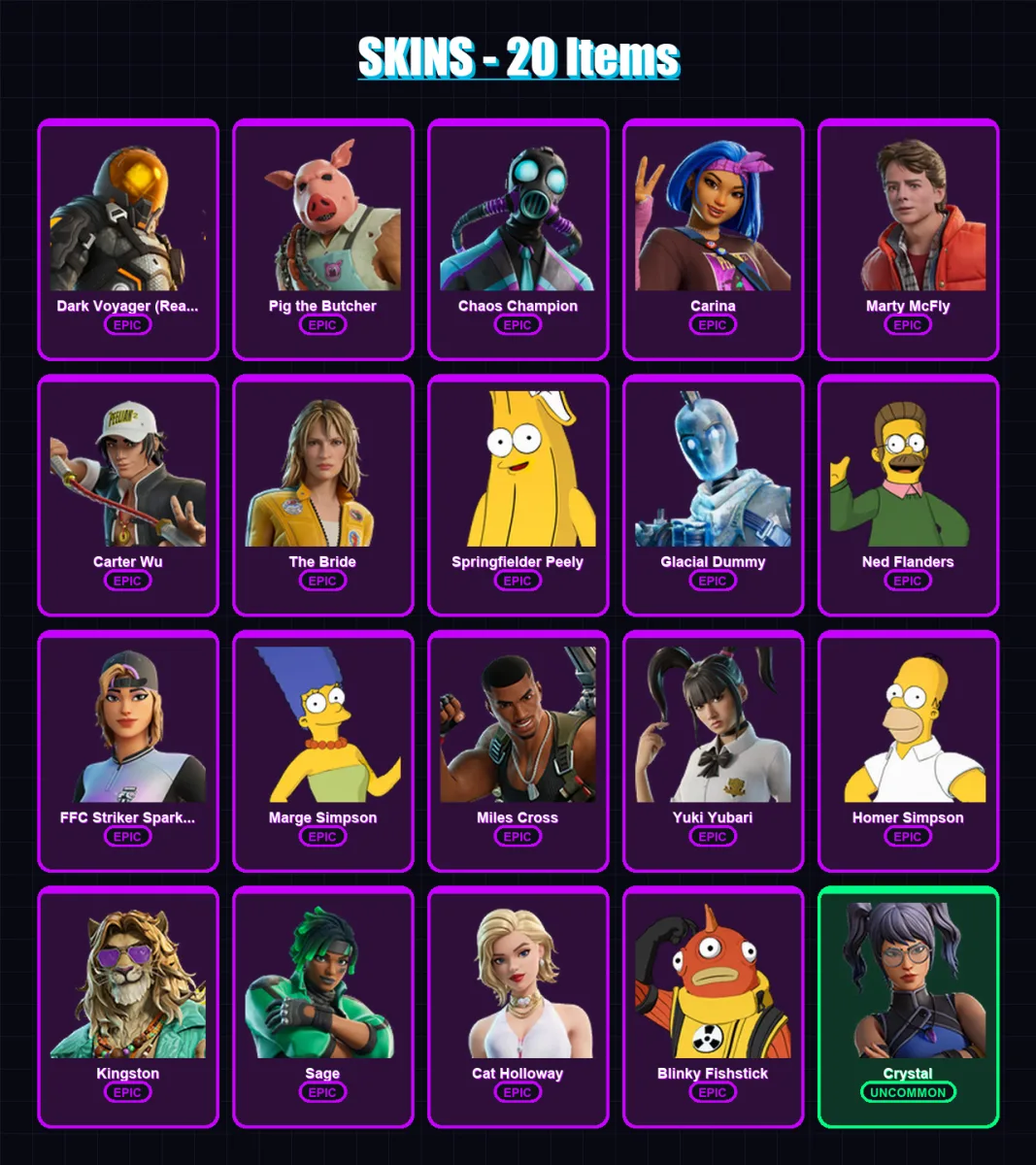 [PC] | Dark Voyager (Reality Redacted) | Pig the Butcher | Chaos Champion | Carina | Marty McFly | 20 skin | 36 pickaxe | 22 emote | 24 glider | Lv3
